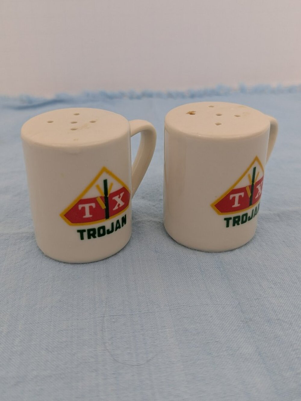 Salt and pepper shakers TX Trojan porcelain vintage